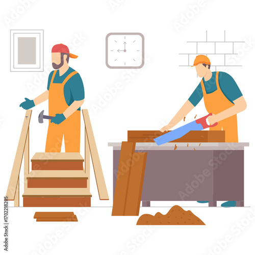 worker using hammer to fix wooden parts onto staircase concept, cutting wooden planks with hand saw on workbench vector design, carpenters banner, woodworker scene, tradesperson craftsmen illustration