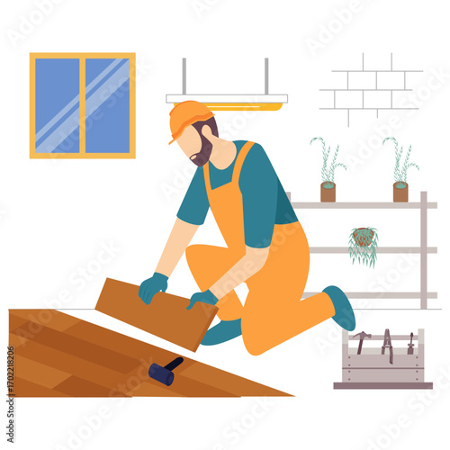 Flooring installer finishing wooden floor on top concept, Joister installing base wood tiles vector design, carpenters banner, woodworker scene, tradesperson and craftsmen stock illustration
