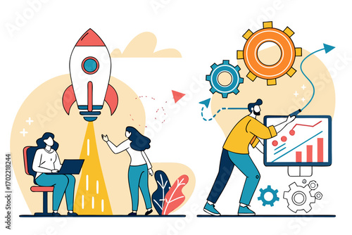Modern startup launch and innovation concepts with dynamic elements