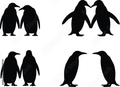Penguin couple silhouette vector illustration, black and white animal design, love birds icon, wildlife art, arctic seabird symbol, romantic pair graphic