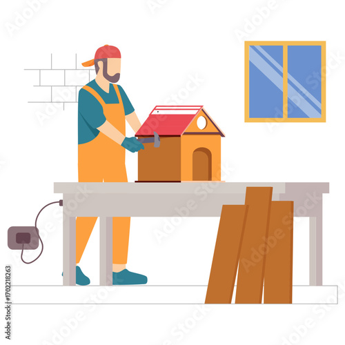 craftperson making pre-constructed wooden model house concept, Hobbyist building miniature houses vector design, carpenters banner, woodworker scene, Aesthetic and Display Showcasing use illustration