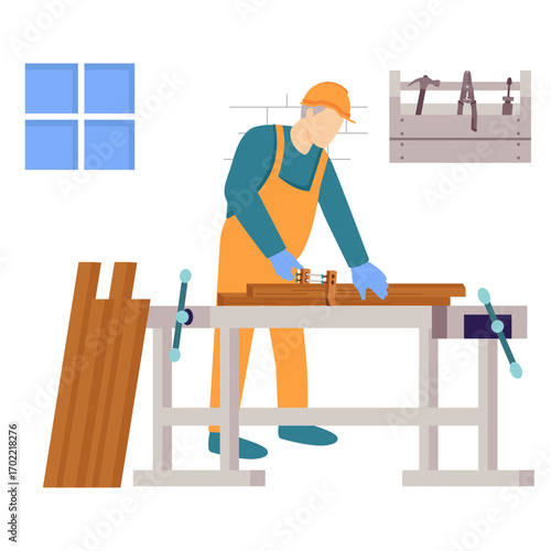 carpenter clamping and joining timbers metal workbench concept, worker performing panel alignment and fastening vector design, carpenters banner, woodworker scene, tradesperson craftsmen illustration