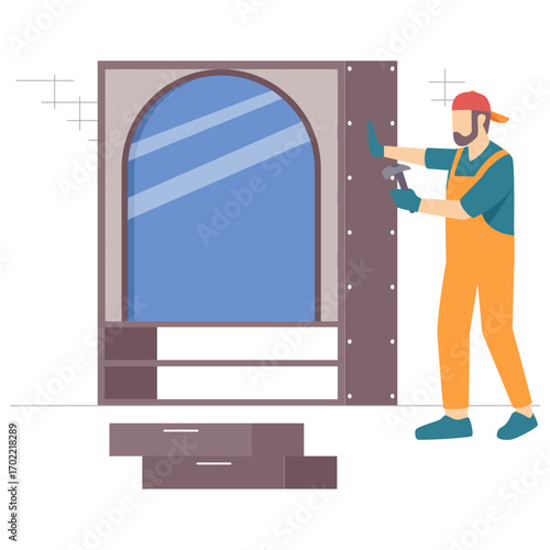 Worker fixing interior wall mounted dressing concept, Woodwork and Home Improvement vector design, carpenters banner, woodworker scene, tradesperson and craftsmen stock illustration