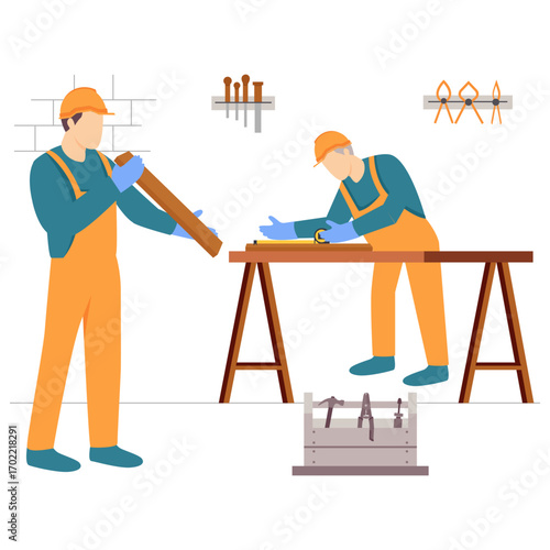 Worker measuring and preparing wooden planks concept, Person checking alignment of wood boards vector design, carpenters banner, woodworker scene, tradesperson and craftsmen illustration