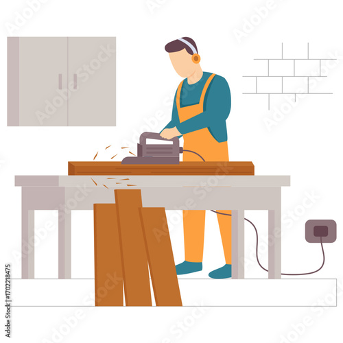 Person clean surface wooden board concept, Maker wearing safety headphones and overalls working with power planer vector design, carpenter banner, woodworker scene, tradesperson craftsmen illustration