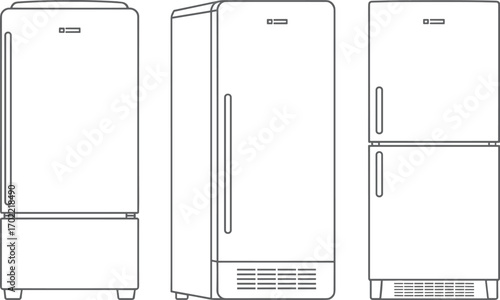 Refrigerator vector illustration with different fridge designs, household kitchen appliance line art, cooling storage machine icons for food preservation, freezer and modern home equipment