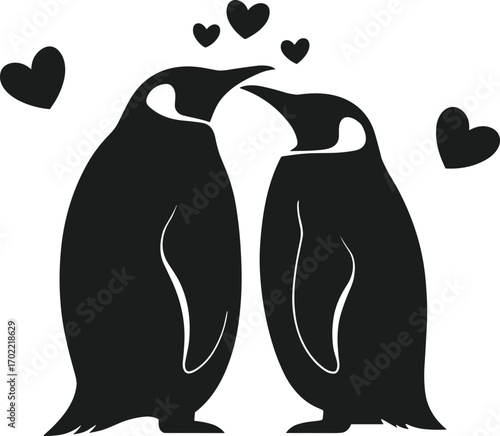 Romantic penguin couple silhouette with hearts, cute love birds illustration, black penguins in love vector, animal relationship symbol for Valentine design