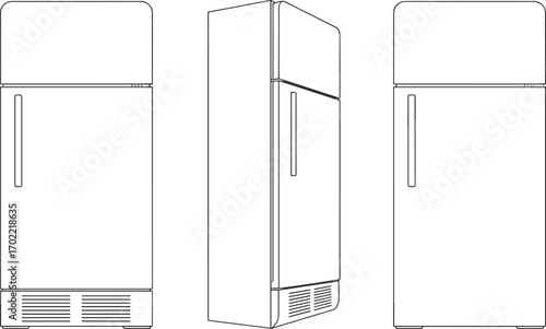 Refrigerator vector illustration, kitchen fridge outline drawing, modern household appliance design,