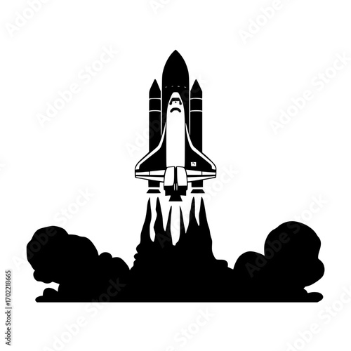 Bold space shuttle blasting off with powerful exhaust plumes and dramatic smoke clouds