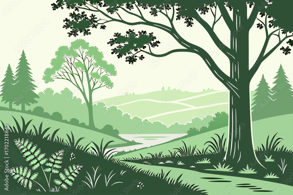 Naklejka premium Flat green forest scene illustration with natural elements