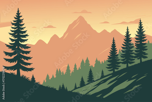 Vibrant mountain landscape with a glowing sunset and tall pine trees