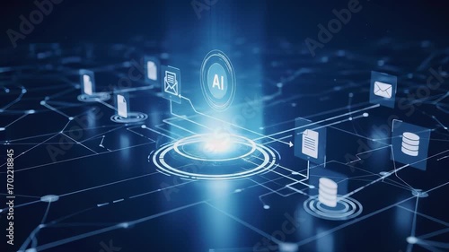 AI agent automating digital workflow with connected data, document, and email icon on a futuristic network, representing smart process management and artificial intelligence automation.