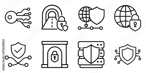 Cyber security and data protection outline icons set. shield, lock, VPN, firewall, encryption, network safety vector symbols