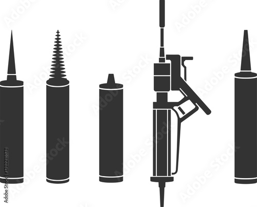 Sealant cartridge vector illustration, caulking gun silhouette, construction tool icon, adhesive tube design, industrial equipment symbol, building repair tool, sealing and bonding
