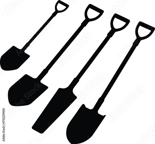 Shovel silhouettes vector set, gardening tools illustration, agriculture equipment, spade icons, construction and farming work, black shovel design, digging tools collection
