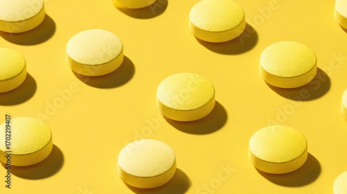 Yellow pills scattered on white background, clean and simple composition
