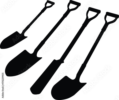 Shovel silhouettes, gardening tools vector, spade and digging equipment, agriculture design illustration, construction hand tools, farming instruments, black silhouette design for projects