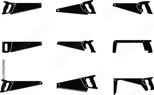 Silhouette hand saws, carpenter tools, woodworking equipment vector, construction instruments, black icons, tool set design, handyman tools, cutting equipment, DIY repair illustration