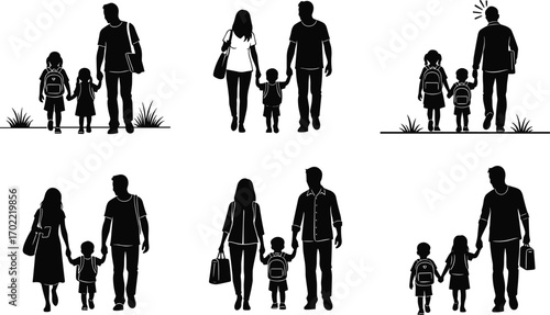 Family walking together silhouette, parents holding children hands, school kids with backpacks, parenting concept, lifestyle illustration, black vector design