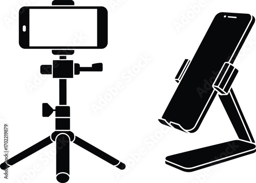Smartphone tripod silhouette, mobile phone holder vector, adjustable stand design, photography equipment symbol, gadget accessory illustration, digital device support icon, black minimal style