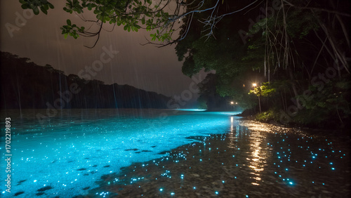 Rain over a Bioluminescent Lagoon – Night rain dimpling glowing blue water.
