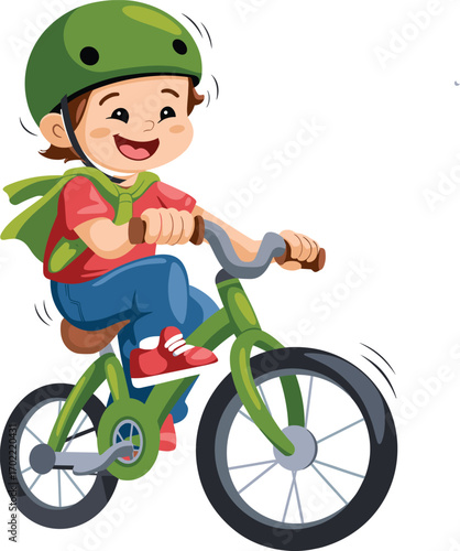Cartoon child riding green bicycle with helmet and backpack, cheerful outdoor activity illustration for safety education, lifestyle content, and playful storytelling design