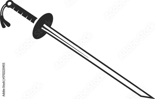 Traditional sword illustration, martial arts weapon, samurai blade design, fencing sword vector, combat training graphic, black silhouette artwork, medieval weapon isolated illustration