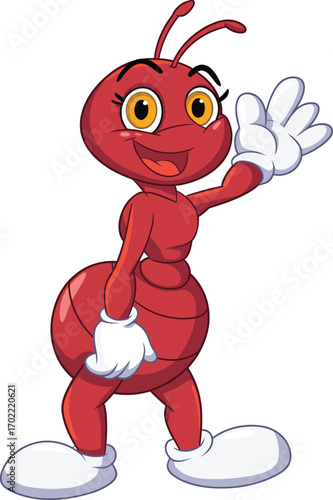 Cartoon red ant waving with gloves and shoes, cheerful insect character illustration for educational content, mascot design, and playful storytelling themes