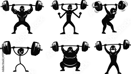 Funny Weightlifting Silhouettes with Different Body Types, Strength Training, Gym Workout, Fitness Concept, Cartoon Characters, Powerlifting Illustration
