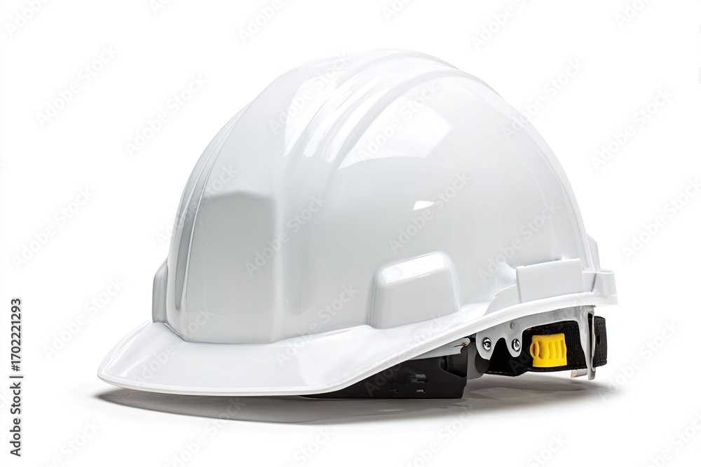 Fototapeta premium A pristine white hard hat, slightly angled, rests on a stark white background; smooth, glossy surface with subtle ridges