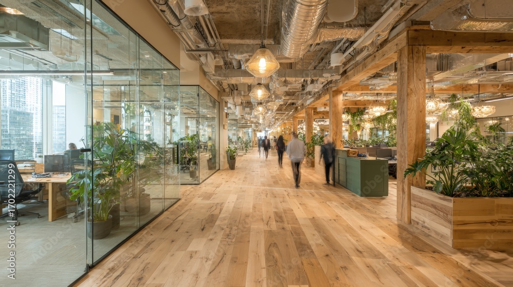custom made wallpaper toronto digitalModern Office Interior with Wooden Floor and Plants, Featuring Open Space and Natural Light Design