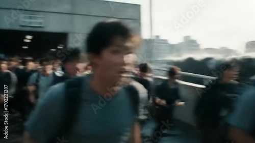 背後に迫る津波から必死に逃げる大勢の群衆