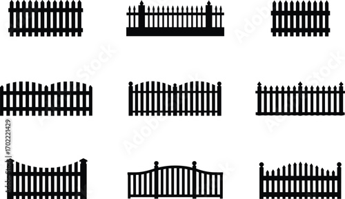 Wooden fence silhouettes, garden fence vector, decorative barrier design, black picket fence illustration, outdoor protection, boundary element, security, property border, architecture design
