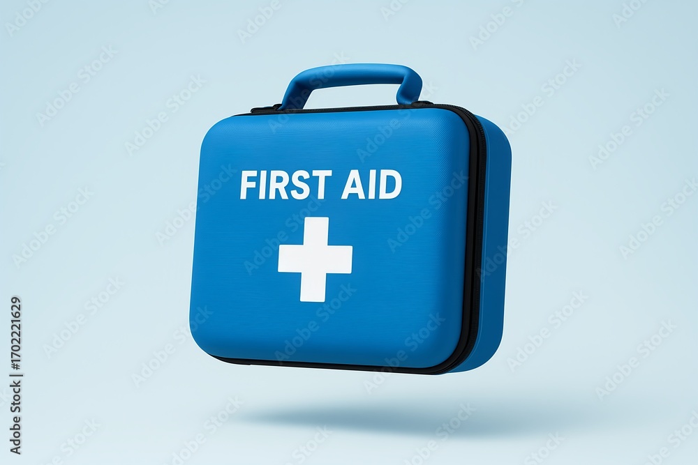 Obraz premium Blue first aid kit with white cross symbol on a light background for health and safety