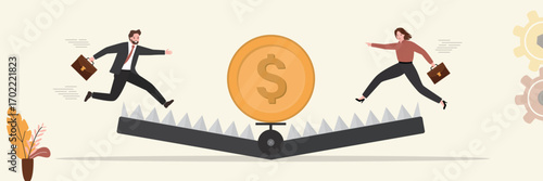 Business people going to find profit from investment or trading. Golden coin bait in animal trap. Danger or business accident, loss or debt. Risk and money management.