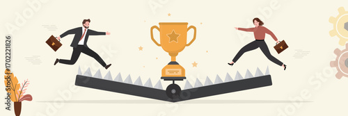 Business people trying to catch trophy in big animal trap. Bait for employees, fake prize or profit. Unattainable positive result, useless workers. Bait or lure for stupid workers