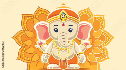 Festive Lord Ganesha Design – Hindu, Celebration, God, Spiritual, Deity, Artistic, Decorative, Traditional, Cultural, Divine, Icon, Worship, Religion, Blessing, Sacred, Cartoon, Illustration

