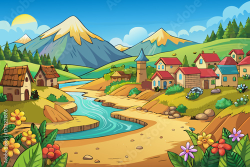vector of A quiet village nestled in the mountains, with a sandy inlet and colorful wildflowers that sparkle in the morning sun.