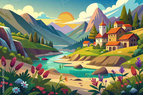vector of A quiet village nestled in the mountains, with a sandy inlet and colorful wildflowers that sparkle in the morning sun.