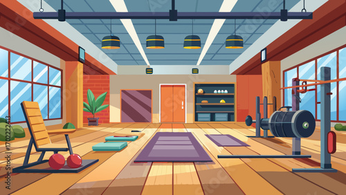Vector art of a wellequipped gym interior with exercise machines, weights, and open space, promoting fitness and a healthy lifestyle for training