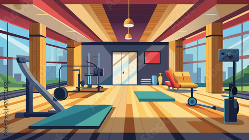 Vector art of a spacious gym interior with modern equipment, large windows, and natural light, creating an inviting space for fitness and wellness