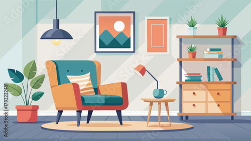 Vector art of inviting living room interior with armchair, lamp, plants, and shelving, creating a comfortable and stylish space for relaxation and leisure time