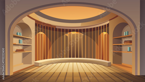Vector art of elegant stage design with arched entrance, wooden floor, and soft lighting creates a sophisticated atmosphere for performance or presentation