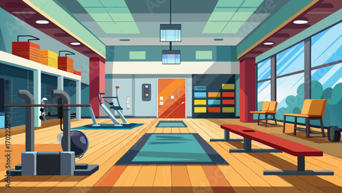 Vector art of bright and spacious gym interior with weightlifting equipment, exercise mats, and natural light creates an inviting fitness environment
