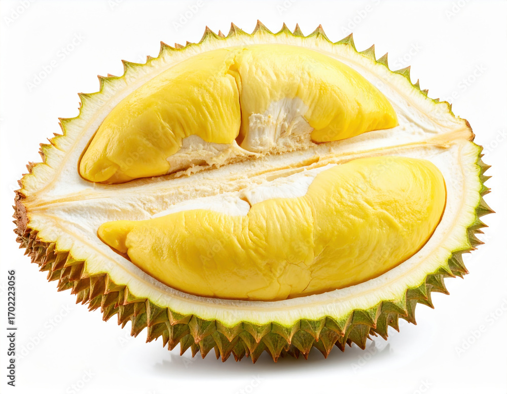 Fototapeta premium Durian fruit close up creamy flesh yellow pulp spiky shell tropical fruit isolated white background juicy fresh, enticing