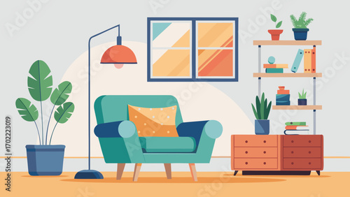 Vector art of cozy living room interior with a comfortable armchair, plants, and a window, creating a relaxing and inviting atmosphere in a modern home