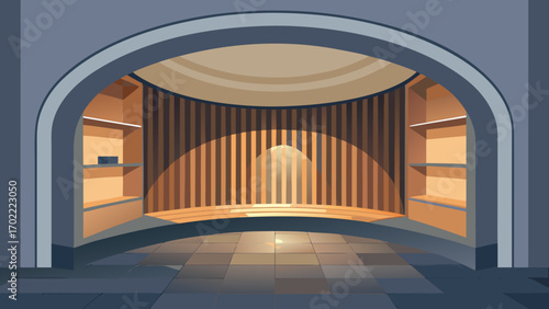 Vector art of dramatic interior of a circular room with arched entrance, featuring wooden panels, shelves, and a spotlight, creating a unique and captivating space