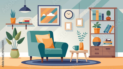Vector art of stylish living room interior with a comfortable armchair, plants, and decorative elements, creating a cozy and inviting atmosphere in a modern home