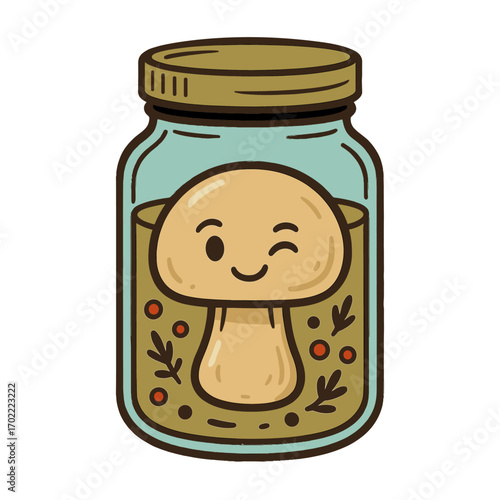 A playful, cartoon-style mushroom character winking from inside a jar with herbs and spices