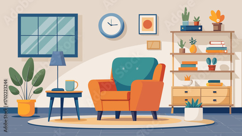 Vector art of cozy living room interior with orange armchair, plants, and bookshelf, creating a comfortable and inviting space for relaxation and leisure